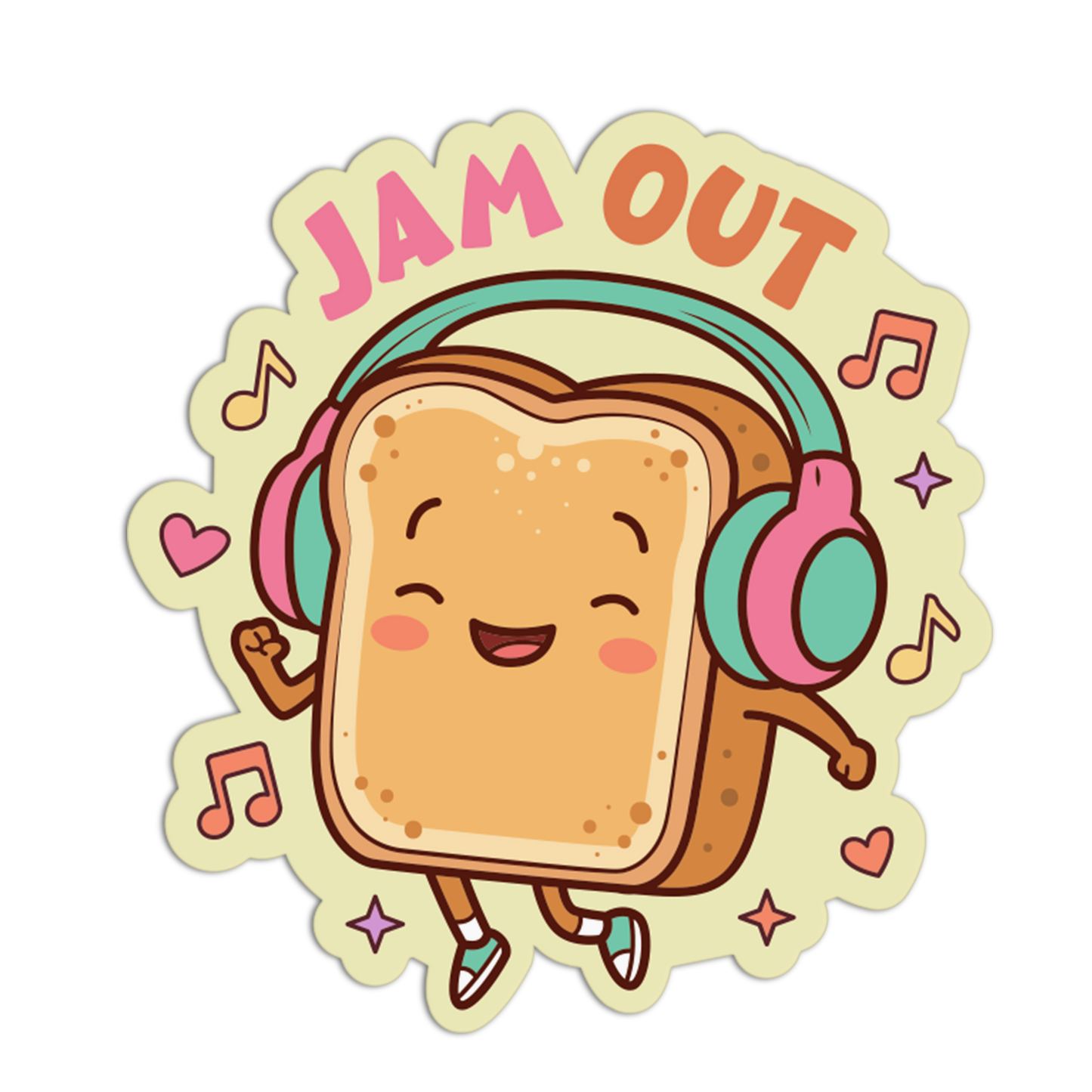 Cartoon toast character with headphones and 'Jam Out' text on a white background