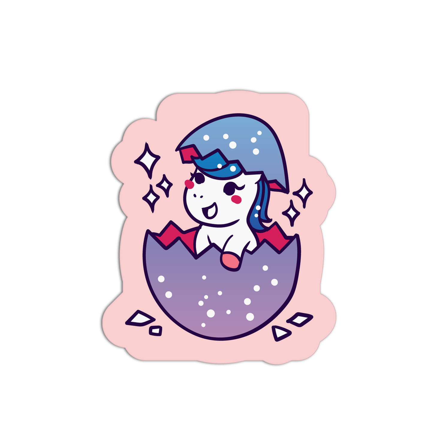 Cartoon character with blue hair and a red outfit emerging from a purple egg on a pink background