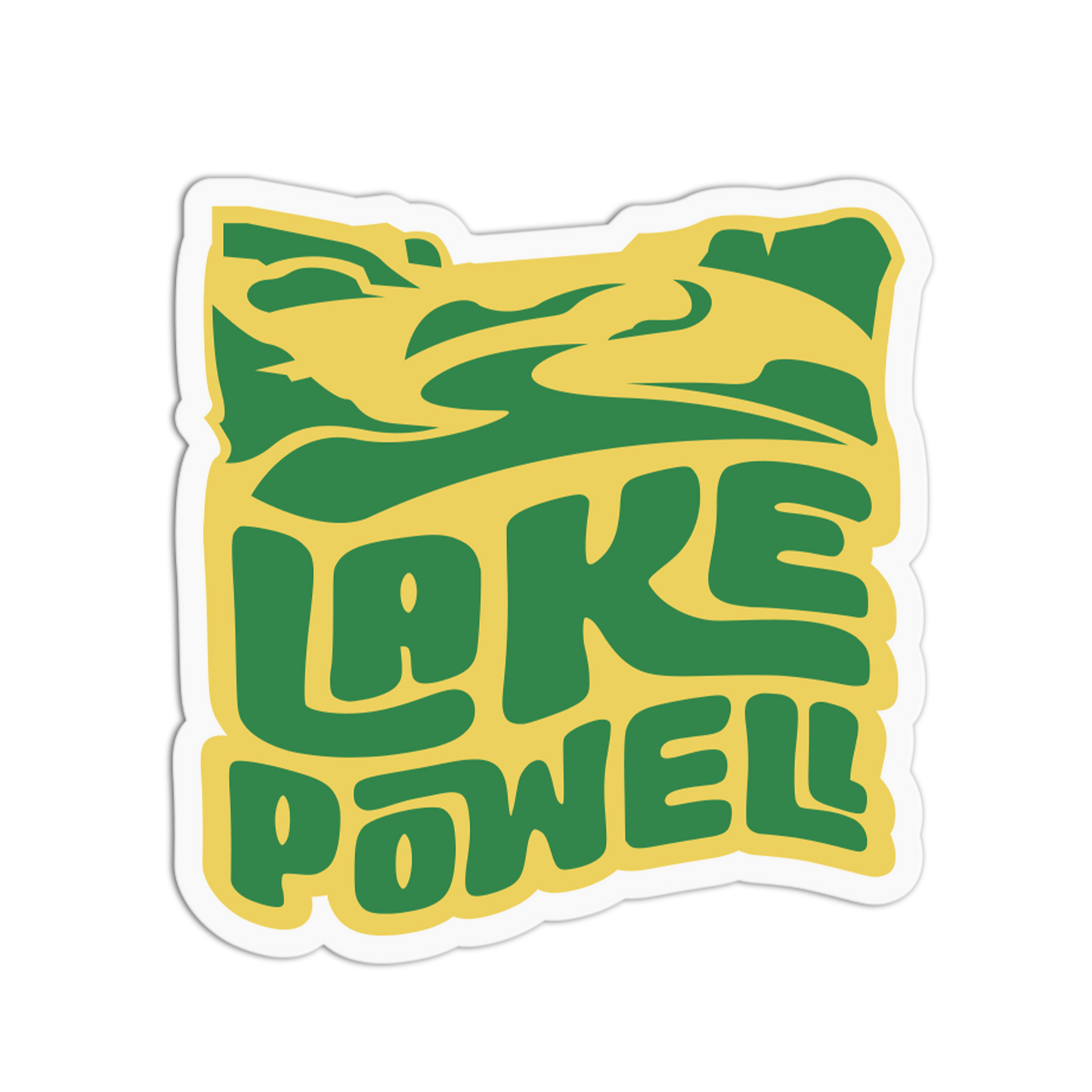 Sticker with 'Lake Powell' text and green mountains on a yellow background