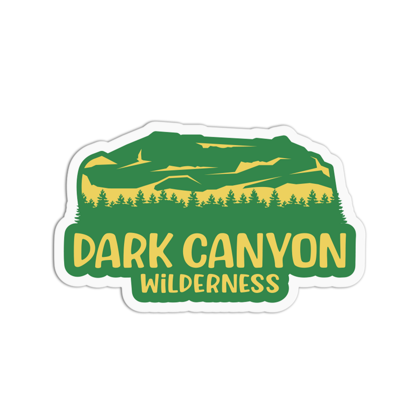 Sticker with 'Dark Canyon Wilderness' text and green landscape design on a white background
