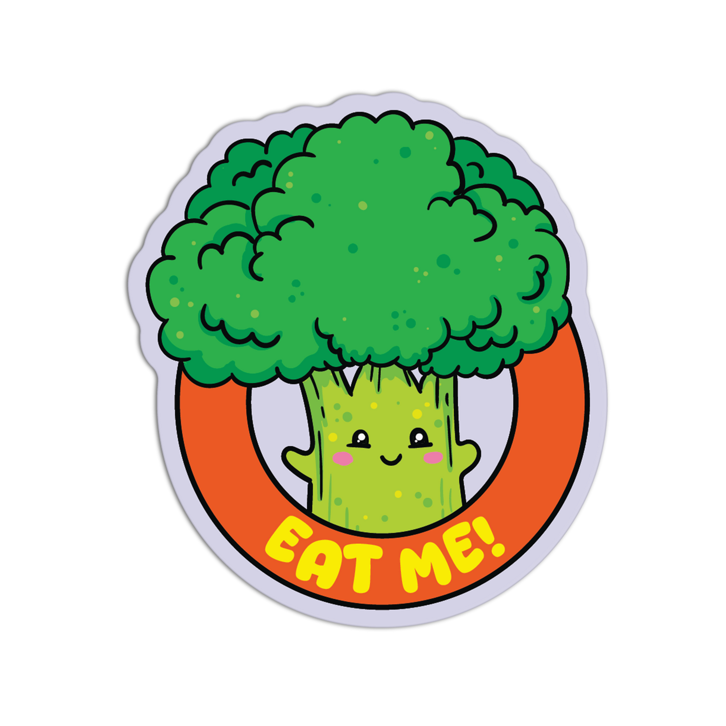 Cartoon broccoli character with a smiley face inside an orange circle and 'Eat Me!' text on a white background.