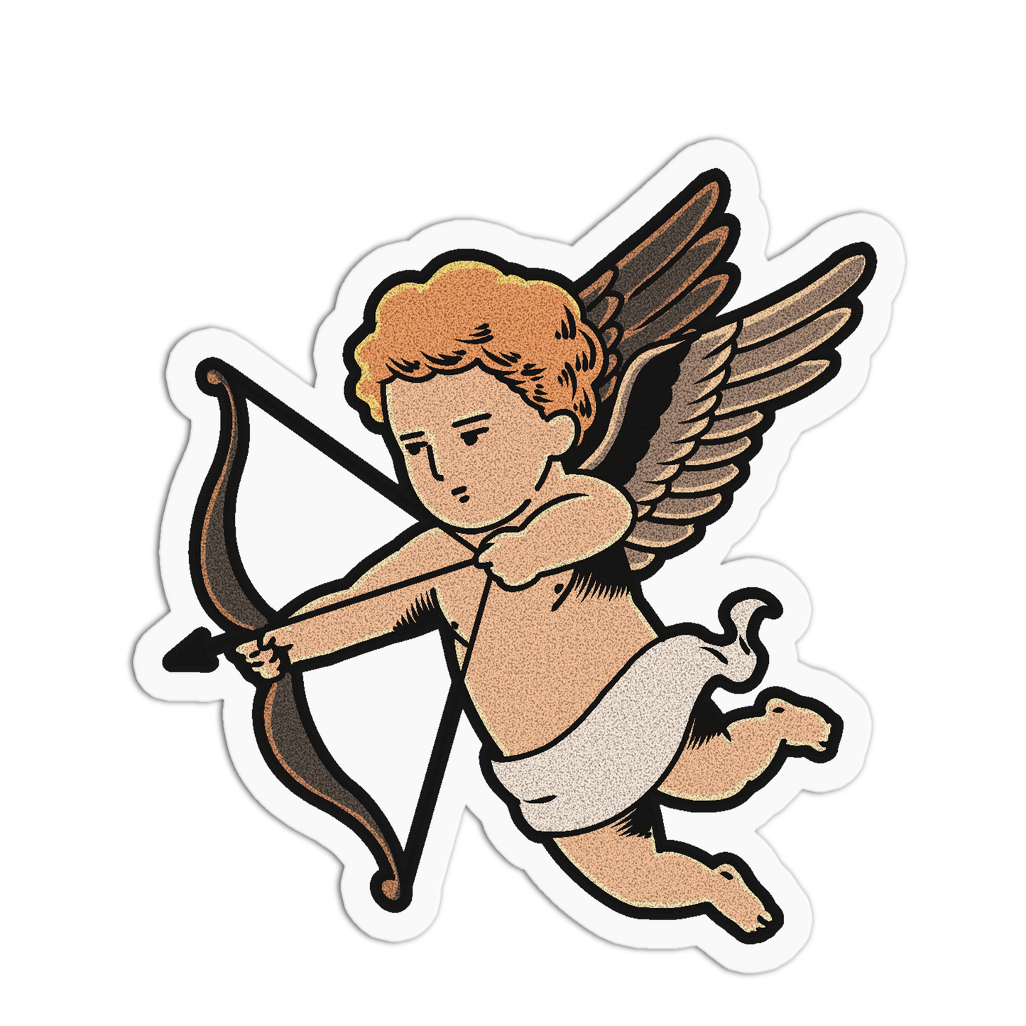 A die-cut vinyl sticker featuring a cartoon cupid with wings and a bow, shown on a plain white background.
