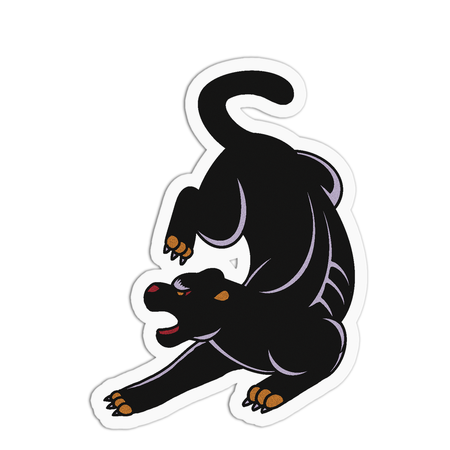 A die-cut vinyl sticker featuring a stylized black panther in a stretching pose, with purple outlines, orange claws and eyes, and a white border on a plain white background.