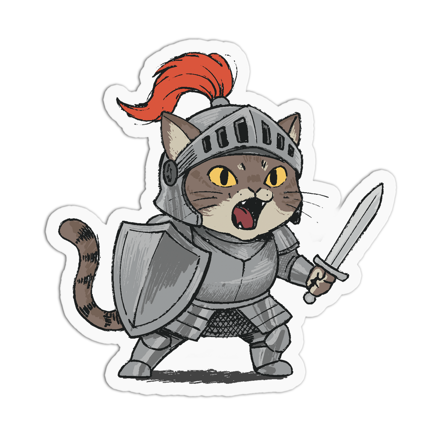 Cartoon cat in armor with a sword on a white background