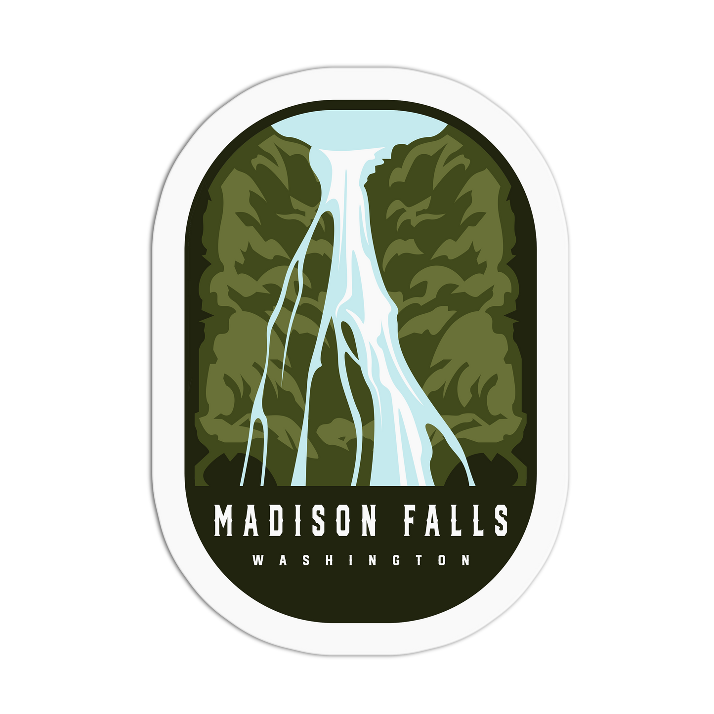 Sticker with a waterfall design and 'Madison Falls, Washington' text on a white background