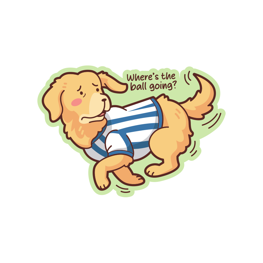 Cartoon dog in a striped shirt with text 'Where's the ball going?' on a white background