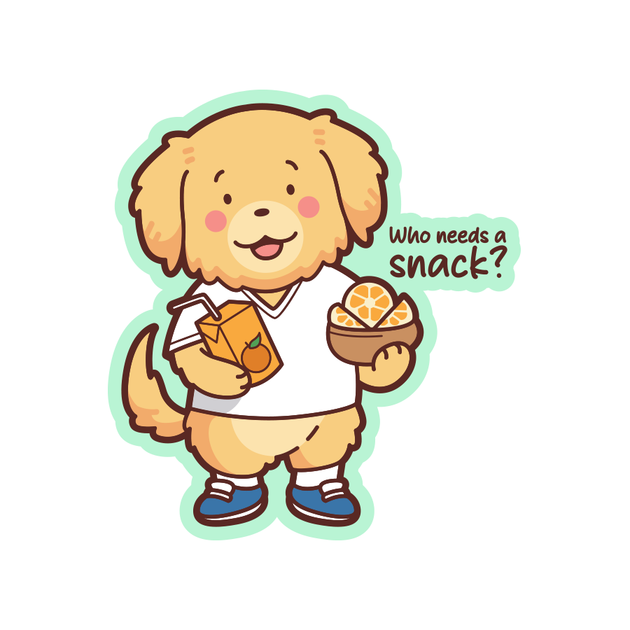 Cartoon dog holding a snack and a drink with text 'Who needs a snack?' on a white background