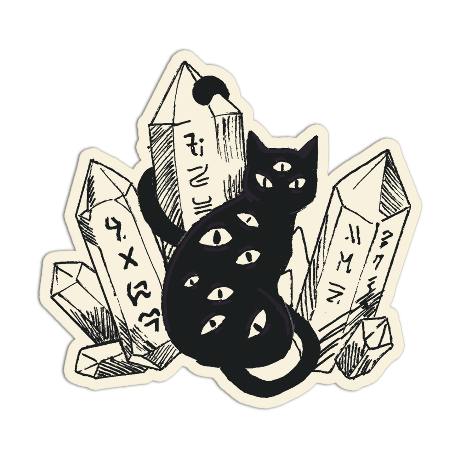 Black cat surrounded by crystals on a beige background