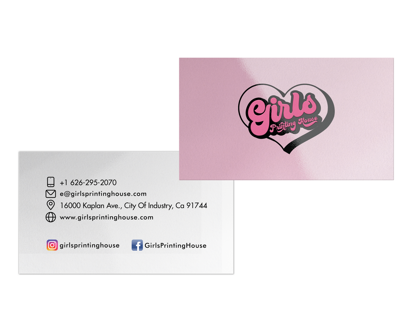 A stack of pink and white business cards with the text 'Girls Printing House' and a heart symbol, along with a contact number and address.