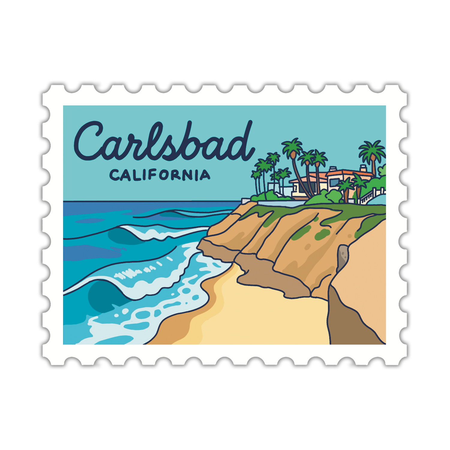 Illustration of a coastal scene with palm trees and buildings, labeled 'Carlsbad California'.