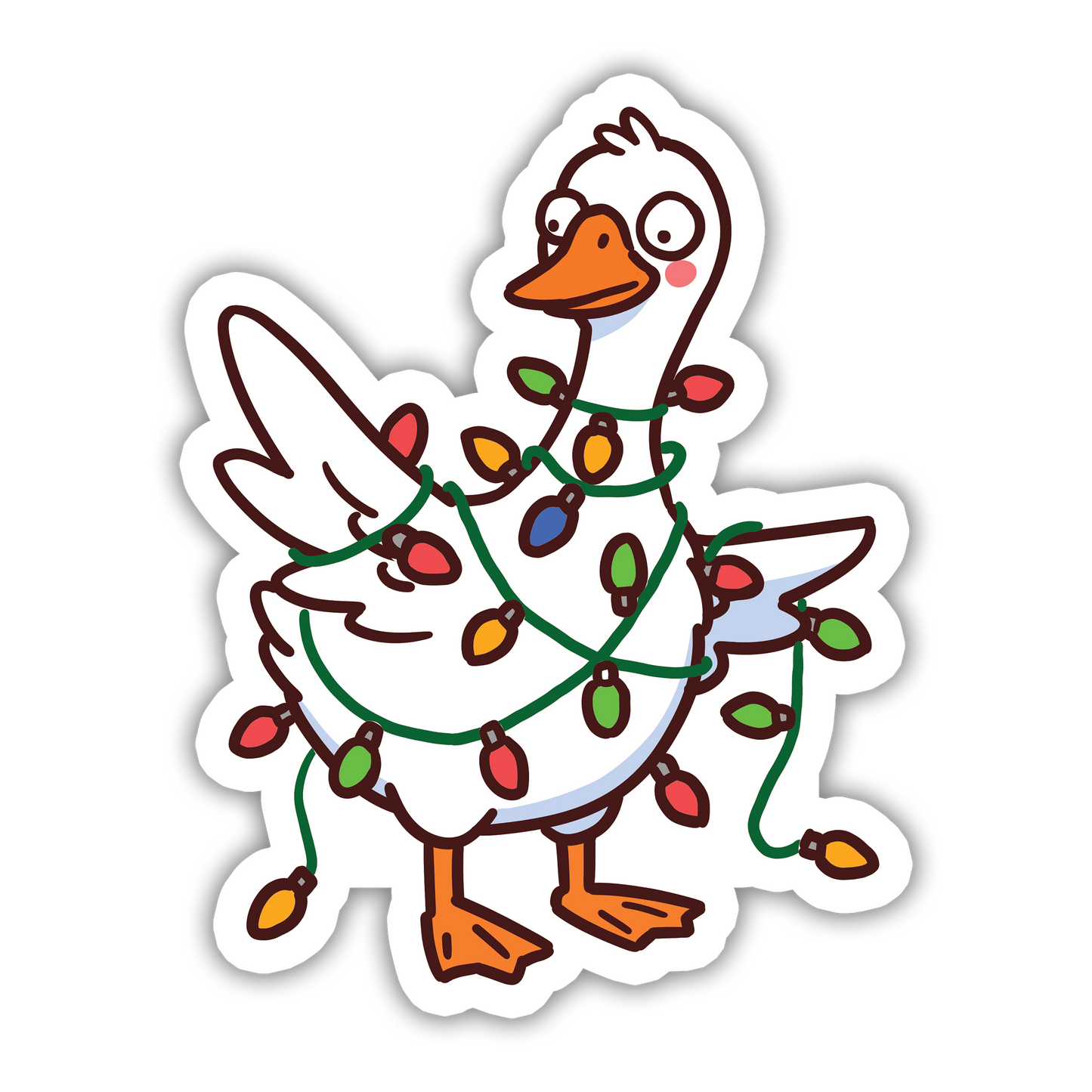 Cartoon duck decorated with Christmas lights on a white background