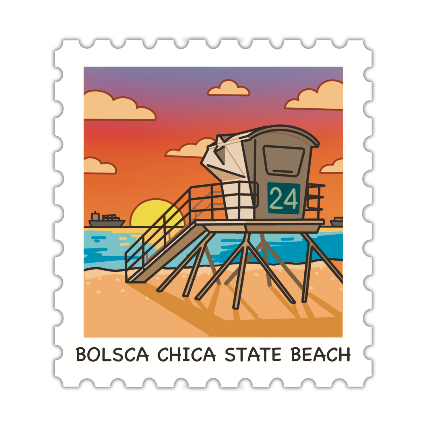 Illustration of a lifeguard stand on a beach with a sunset, labeled 'Bolsca Chica State Beach'.