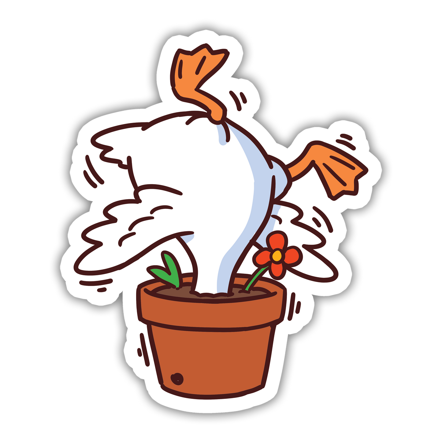 Cartoon duck watering a potted plant with a flower