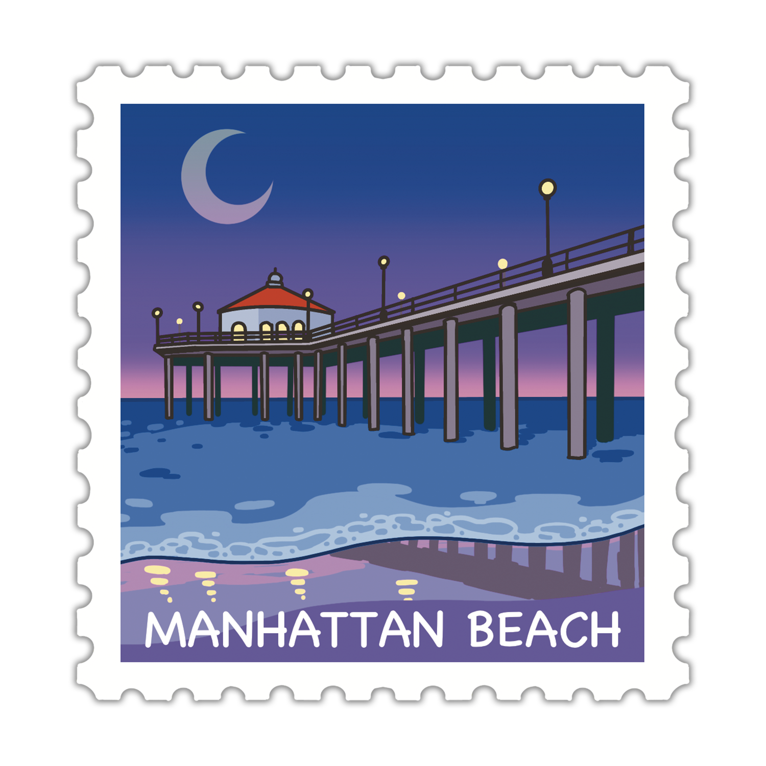 Manhattan Beach stamp design with a pier and moonlit sky.