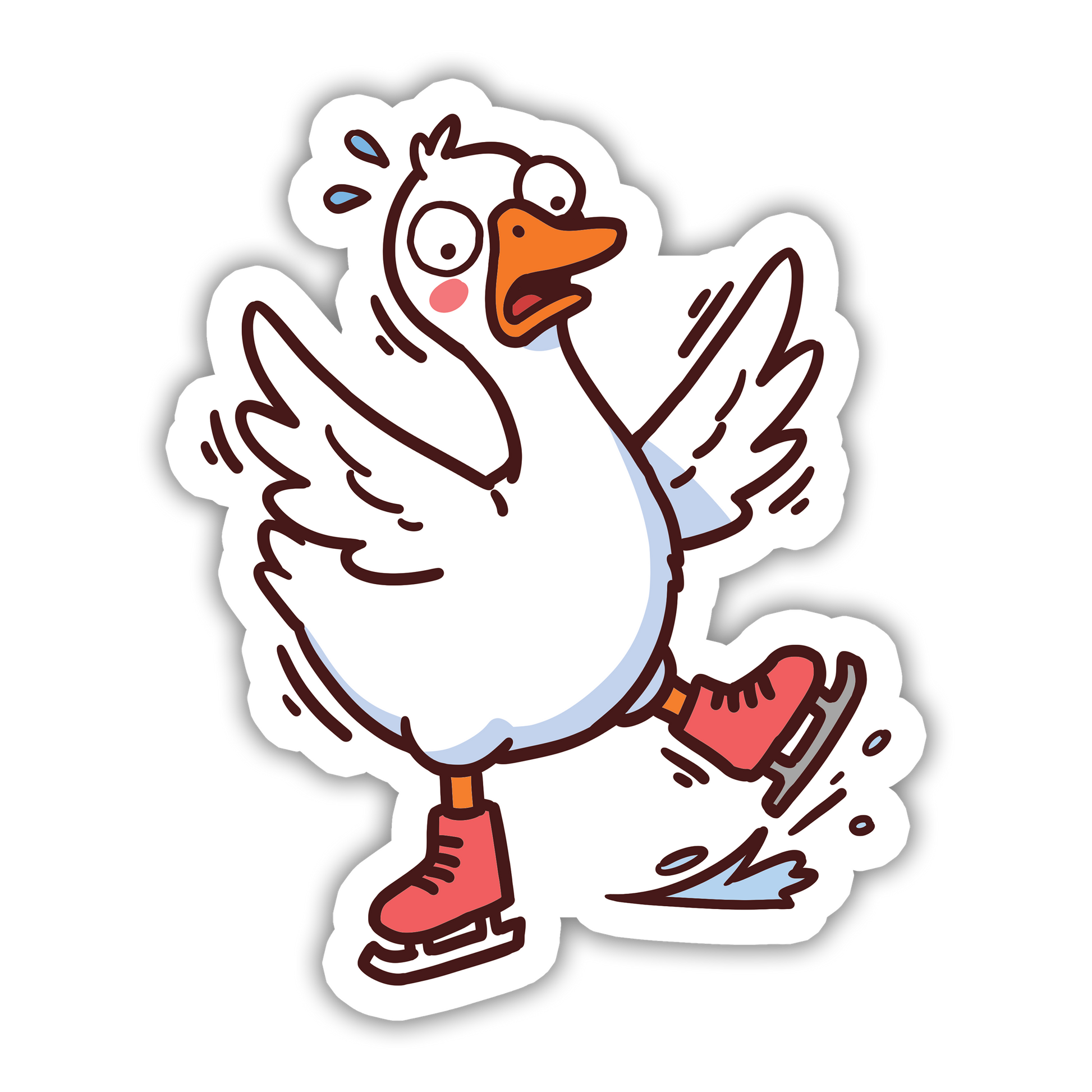 Cartoon duck ice skating on a white background