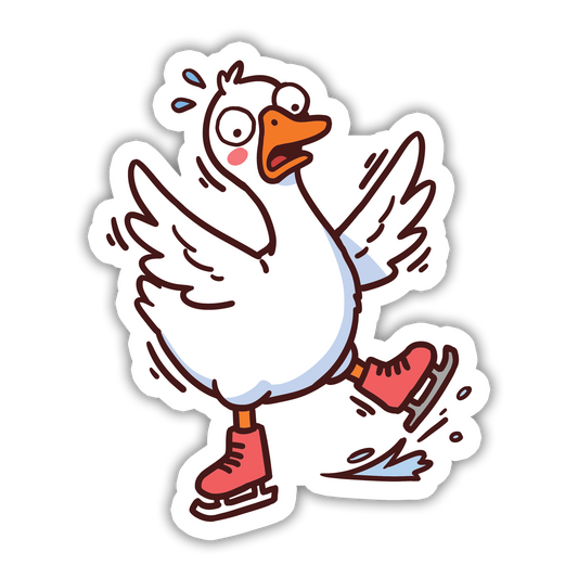 Cartoon duck ice skating on a white background