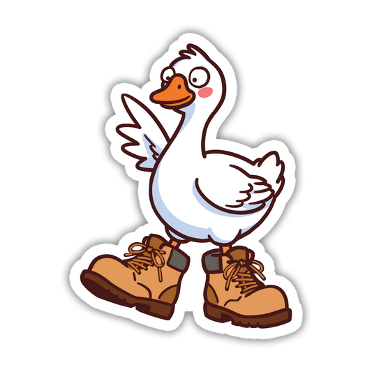 Cartoon duck wearing brown boots on a white background