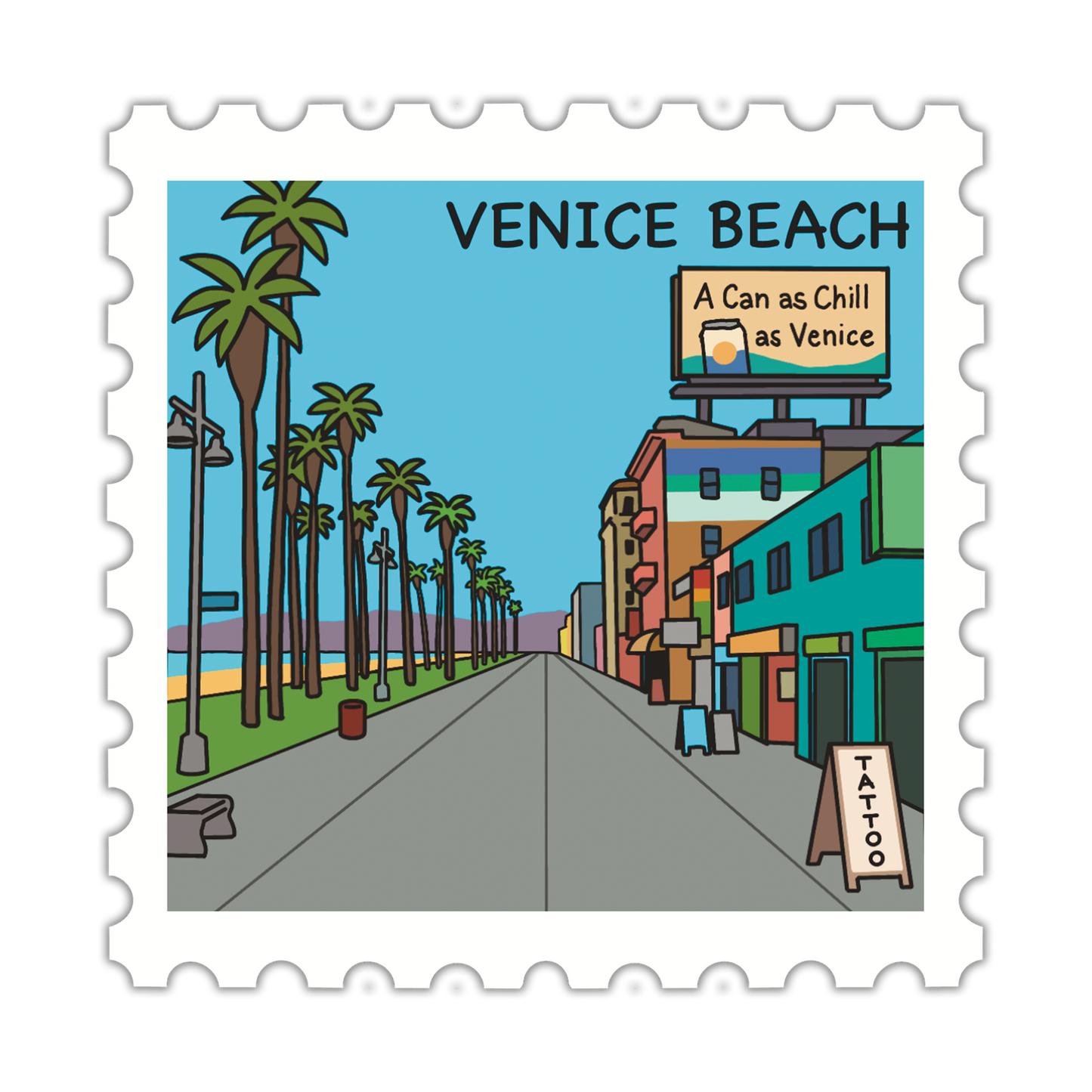 Cartoon-style illustration of Venice Beach with palm trees and a billboard.