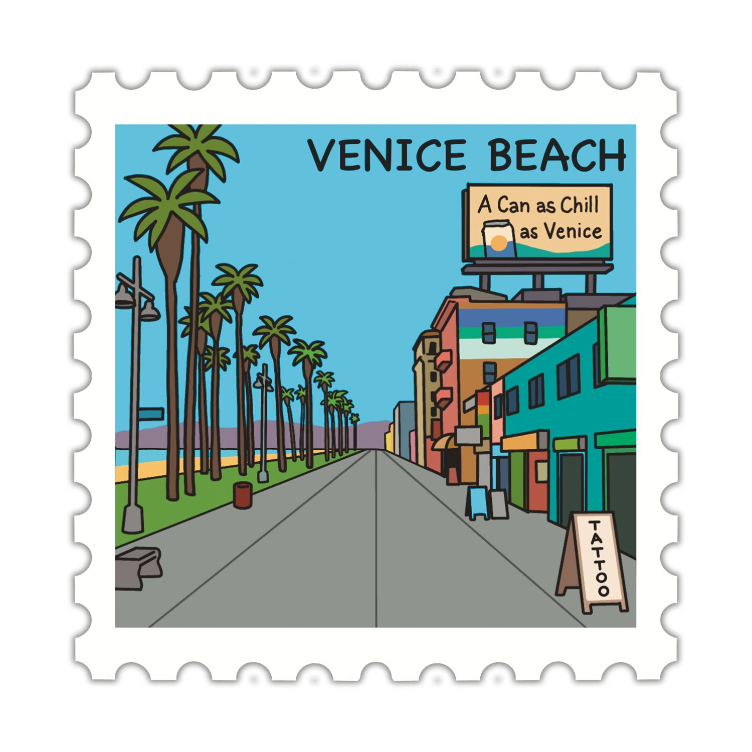 Cartoon-style illustration of Venice Beach with palm trees and a billboard.