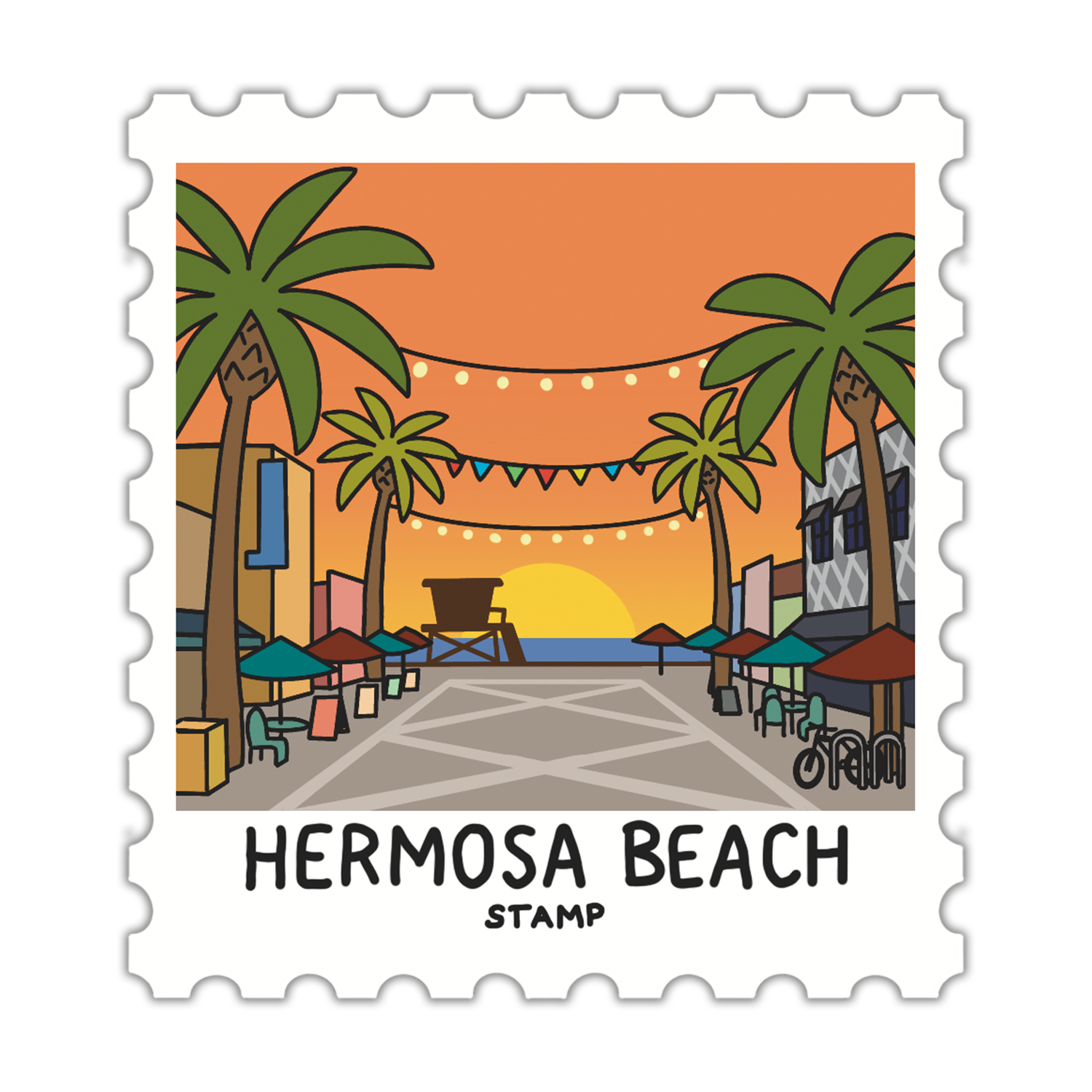 Illustration of a beach scene with palm trees and a sunset, labeled 'Hermosa Beach Stamp'.