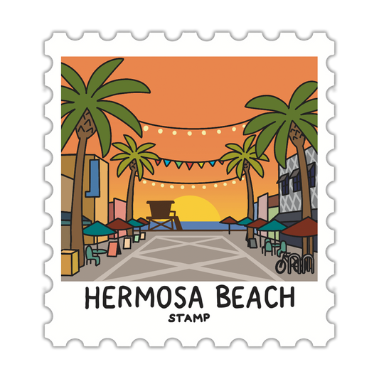 Illustration of a beach scene with palm trees and a sunset, labeled 'Hermosa Beach Stamp'.