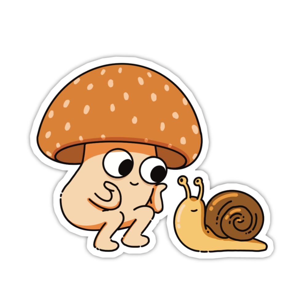Cartoon snail with a mushroom shell on a white background