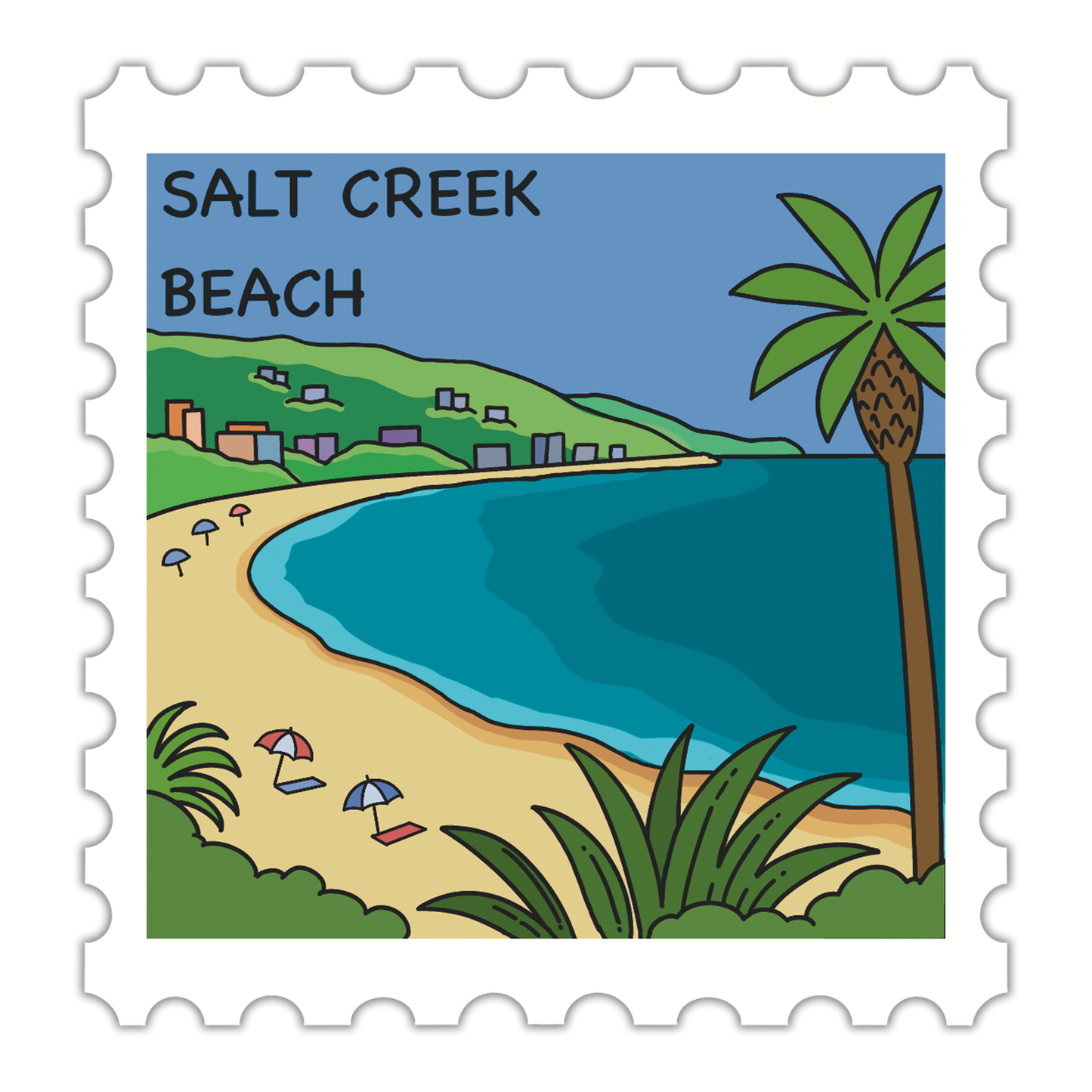 Illustration of Salt Creek Beach with a palm tree, beach, and buildings.