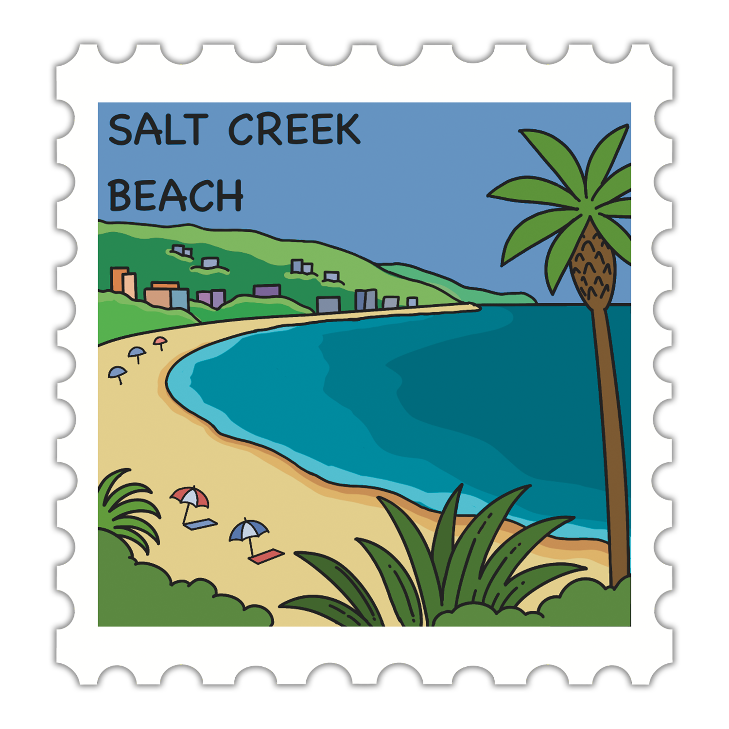 Illustration of Salt Creek Beach with a palm tree, beach, and buildings.