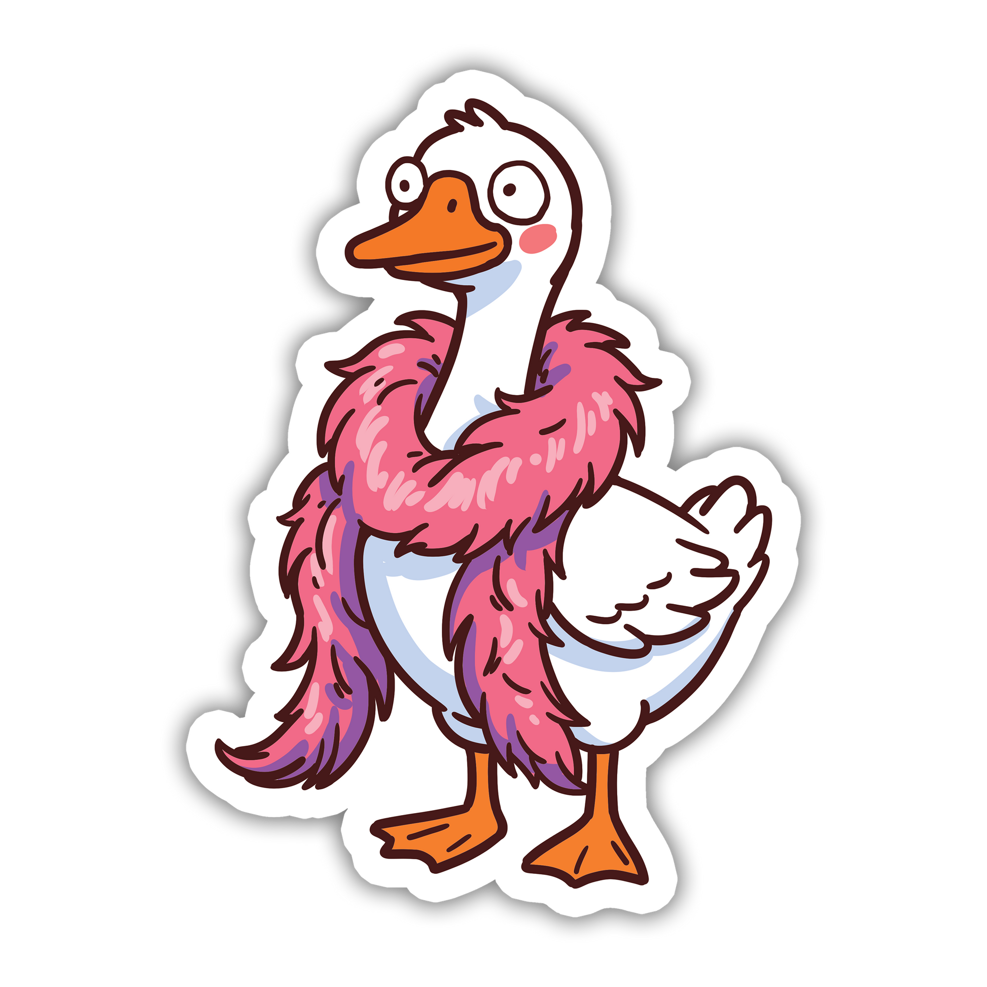 Cartoon duck with pink feathers on a white background