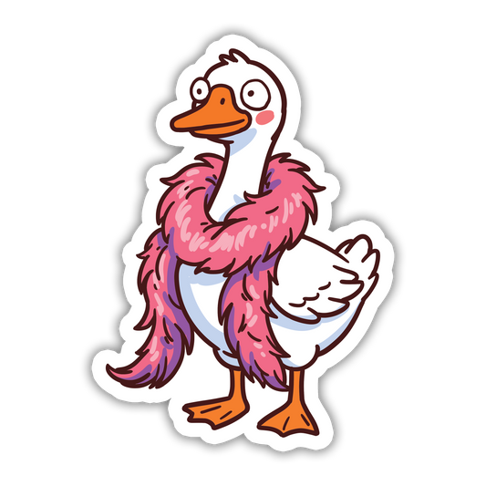 Cartoon duck with pink feathers on a white background