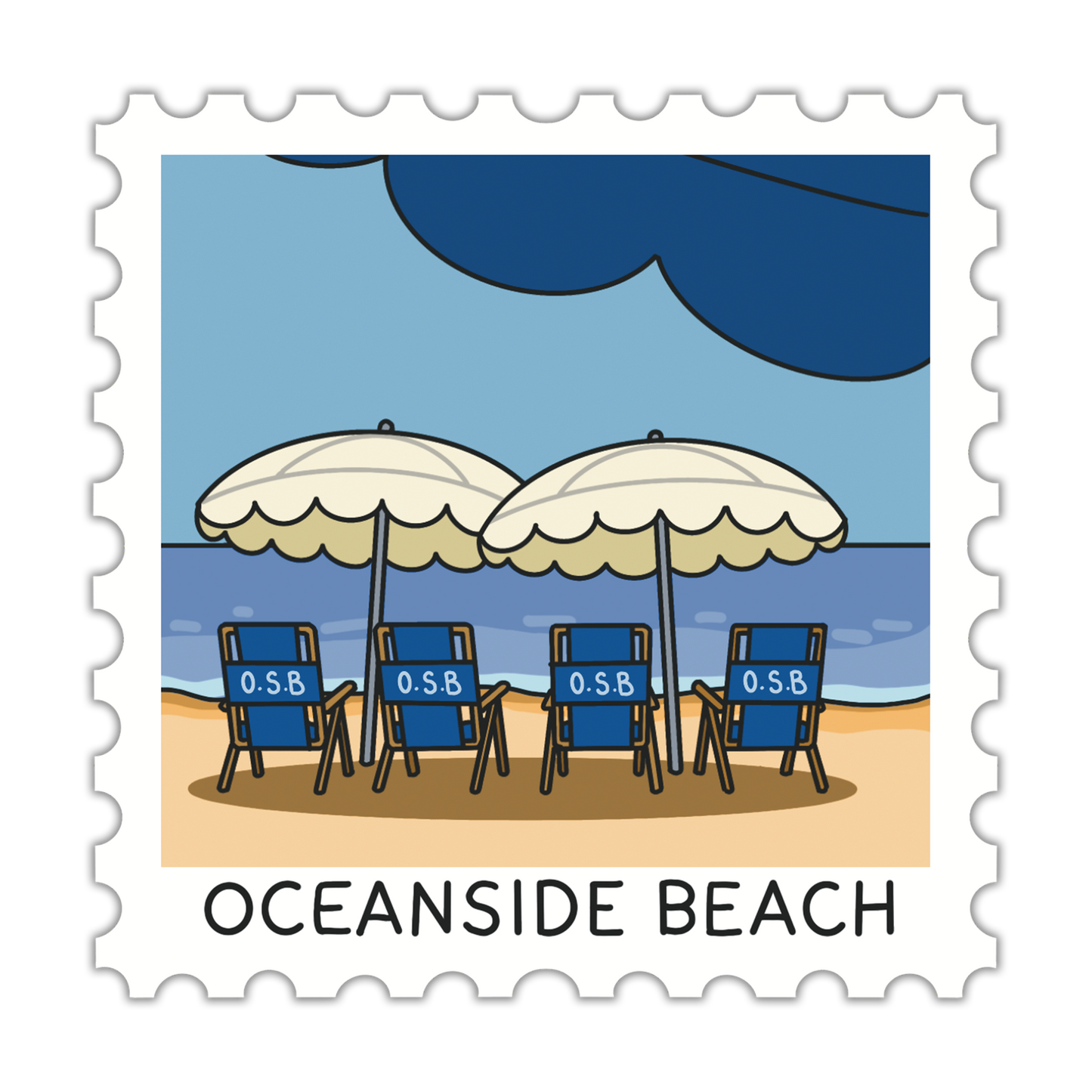 Illustration of beach chairs under umbrellas with 'Oceanside Beach' text on a stamp-like border.