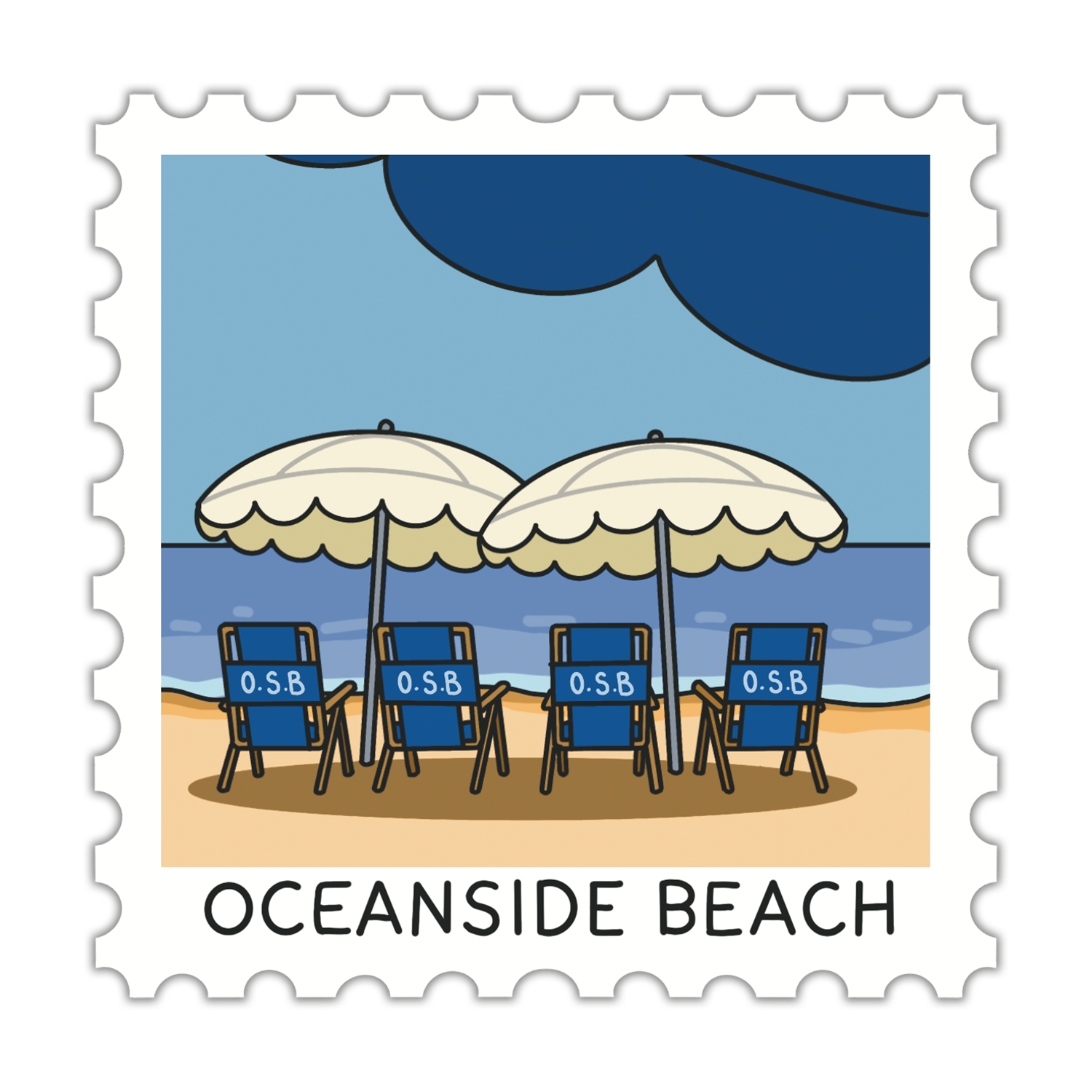 Illustration of beach chairs under umbrellas with 'Oceanside Beach' text on a stamp-like border.