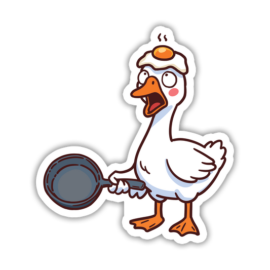 Cartoon duck holding a frying pan with an egg on top, on a white background