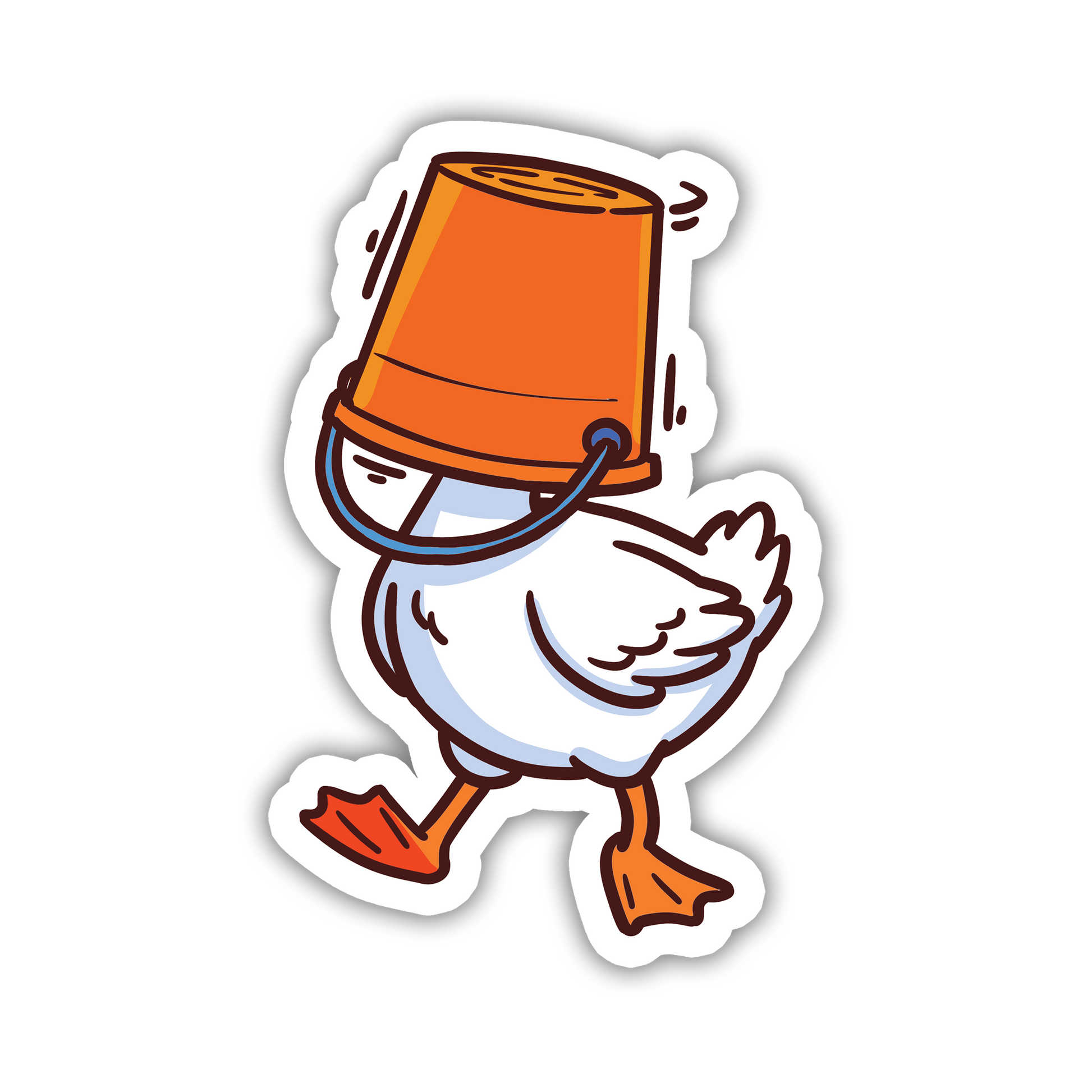 Cartoon duck with an orange bucket on its head on a white background