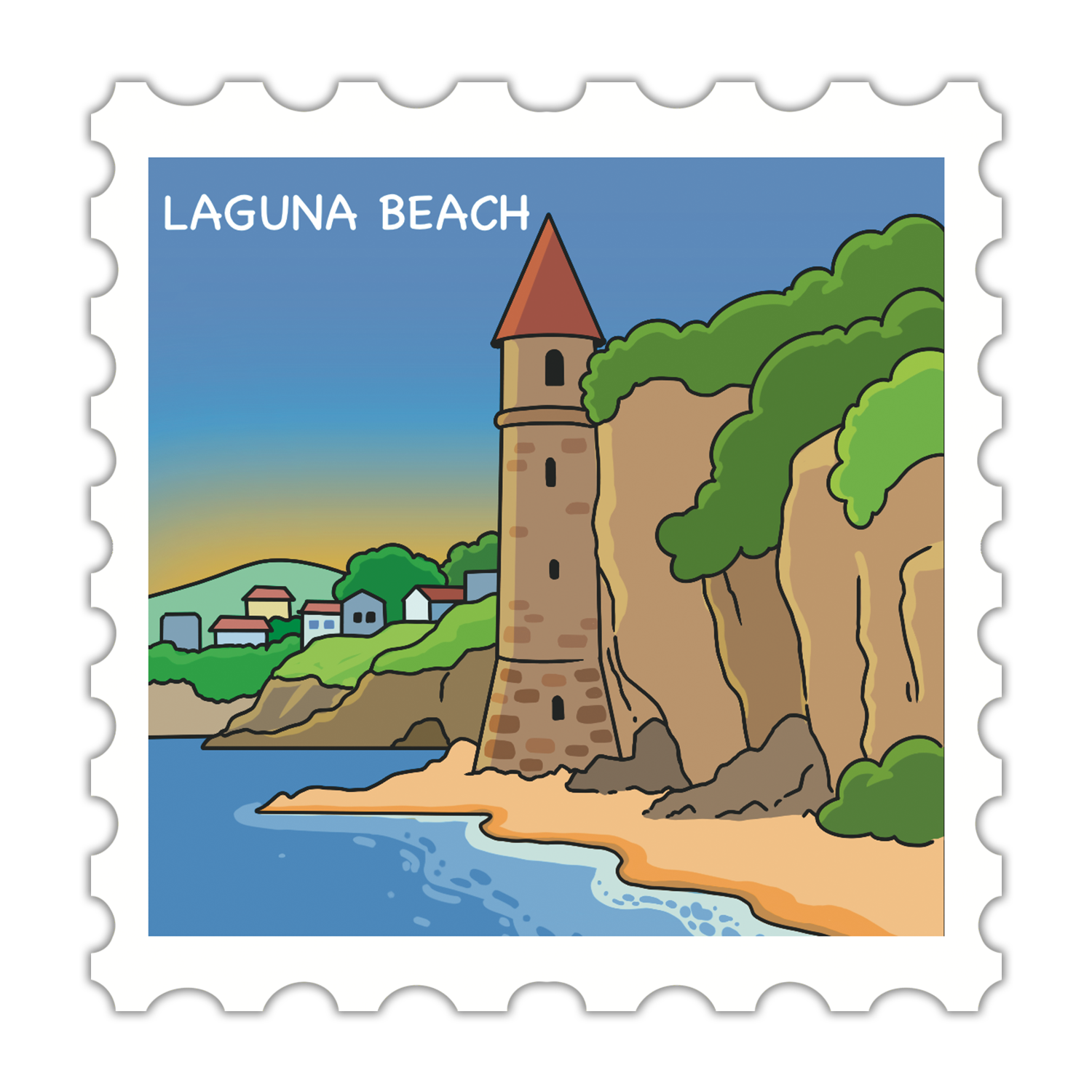 Illustration of a coastal scene with a tower and 'Laguna Beach' text on a white border.