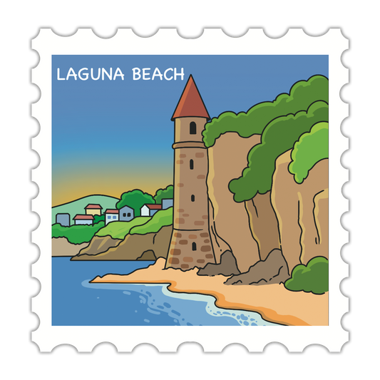 Illustration of a coastal scene with a tower and 'Laguna Beach' text on a white border.