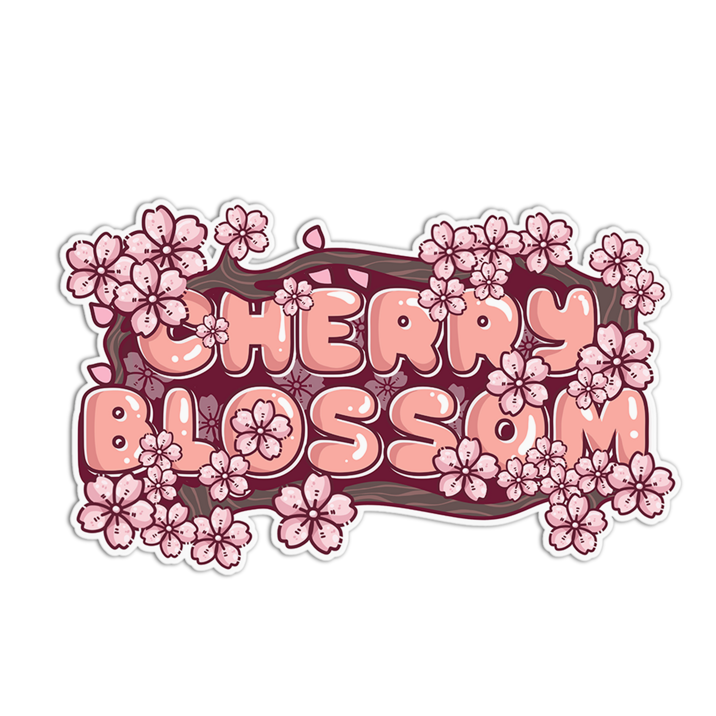 Sticker with 'Cherry Blossom' text surrounded by pink floral designs on a white background