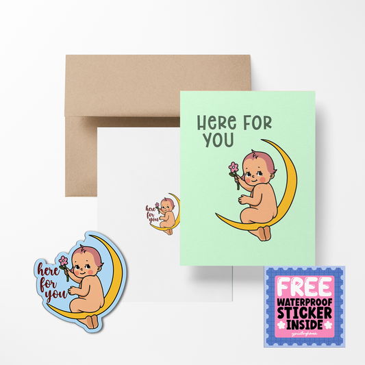 Greeting card with envelope and stickers featuring a baby on a moon design.