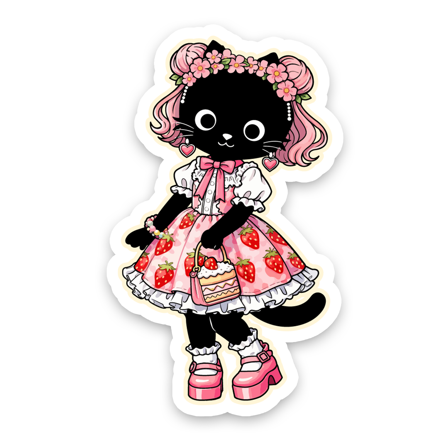 Sticker of a black cat in a pink dress with strawberry details on a white background