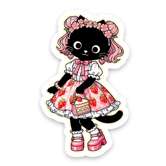 Sticker of a black cat in a pink dress with strawberry details on a white background
