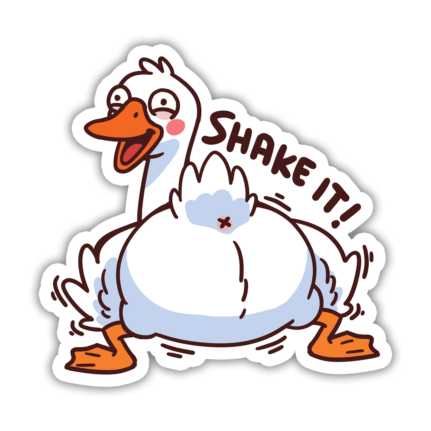 Cartoon duck with a blue towel and 'SHAKE IT!' text on a white background