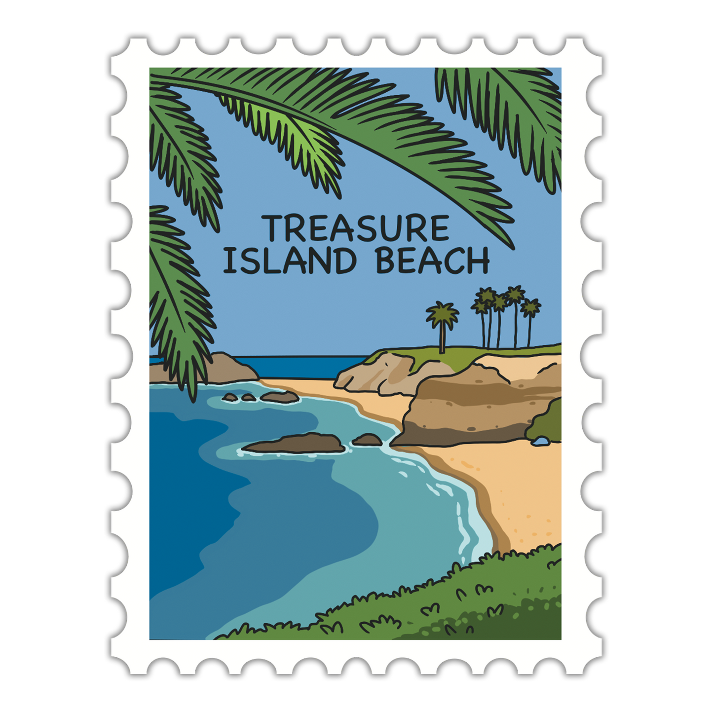 Illustration of Treasure Island Beach with palm trees and a beach scene.