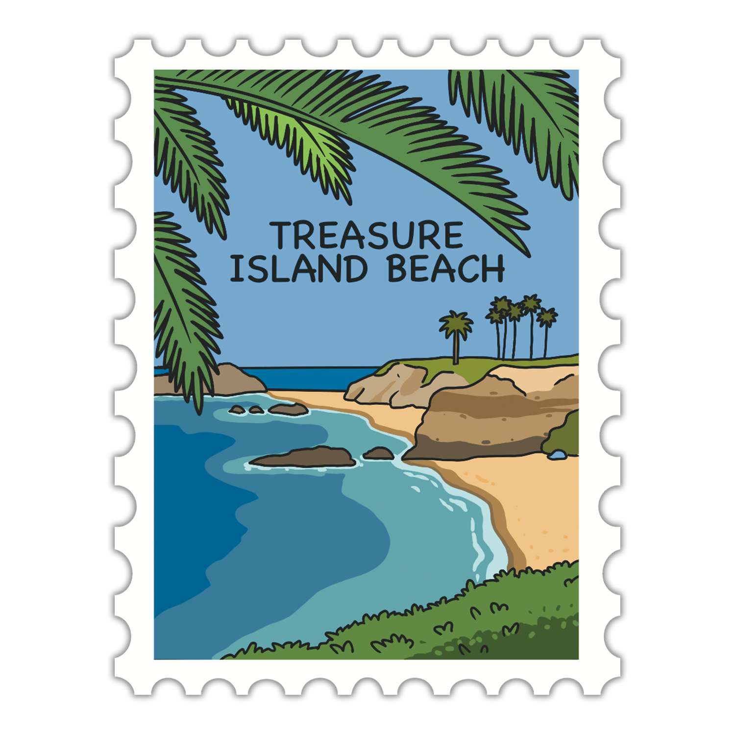 Illustration of Treasure Island Beach with palm trees and a beach scene.