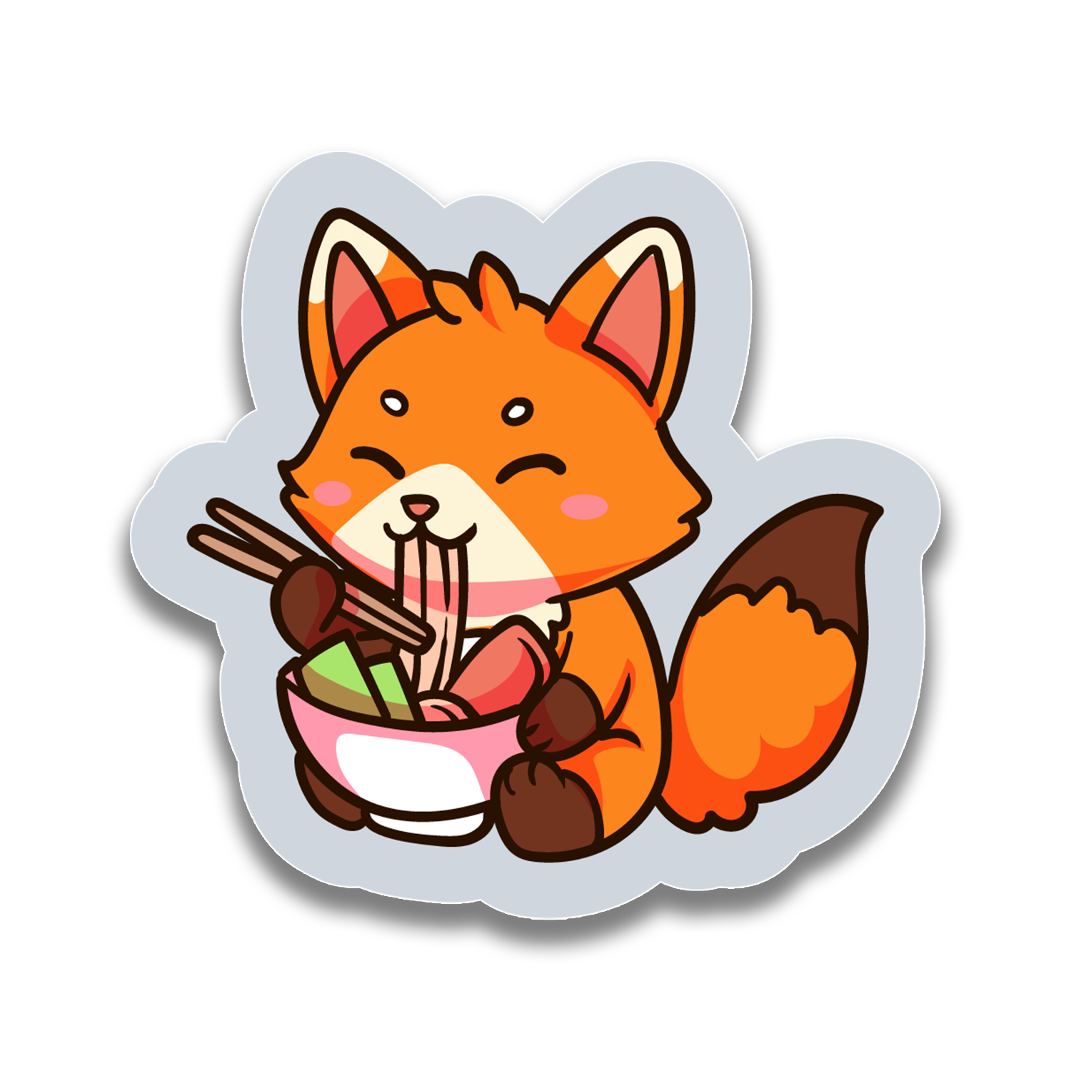 Cartoon fox eating ramen with chopsticks on a white background