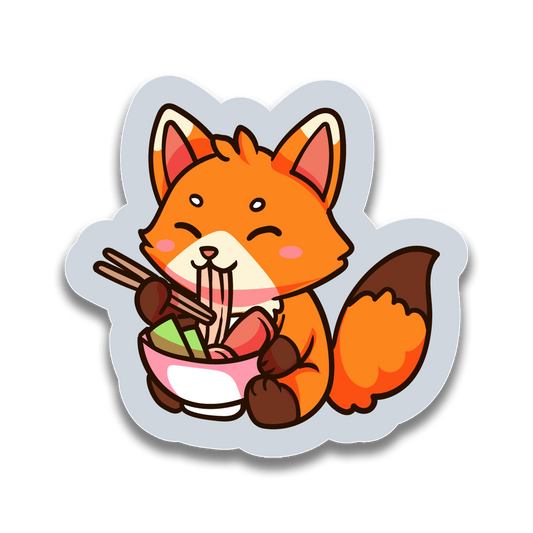 Cartoon fox eating ramen with chopsticks on a white background