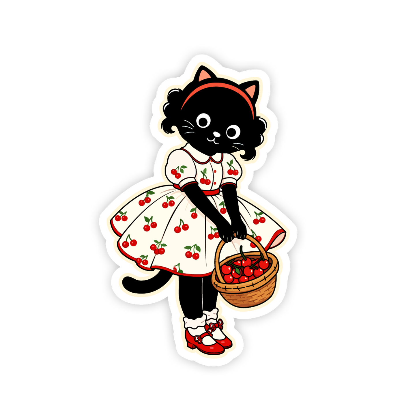 Sticker of a black cat character in a cherry dress holding a basket of cherries on a white background.