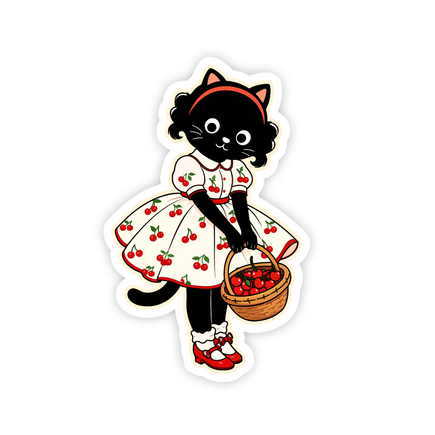 Sticker of a black cat character in a cherry dress holding a basket of cherries on a white background.