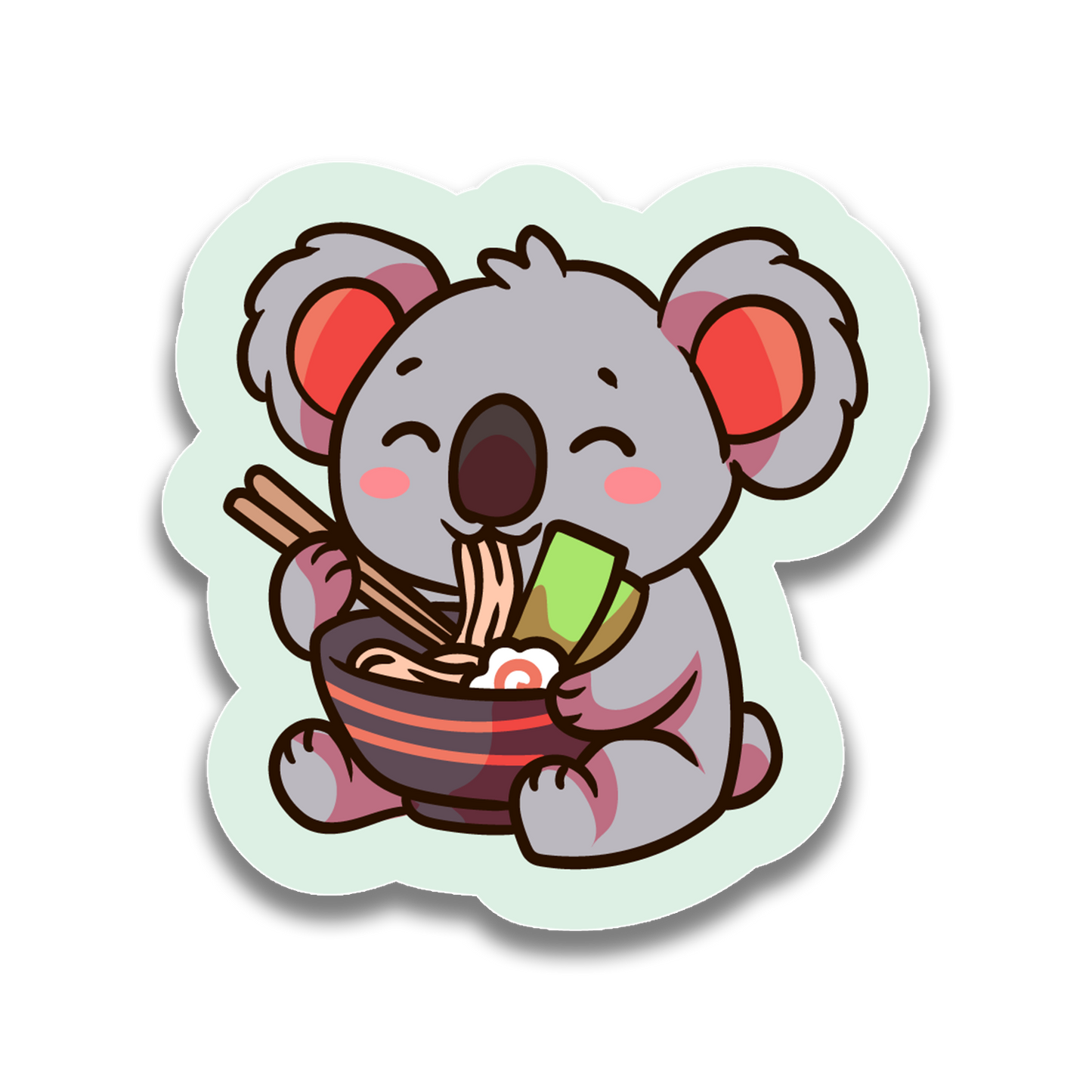 Sticker of a cartoon koala eating ramen with chopsticks on a light green background
