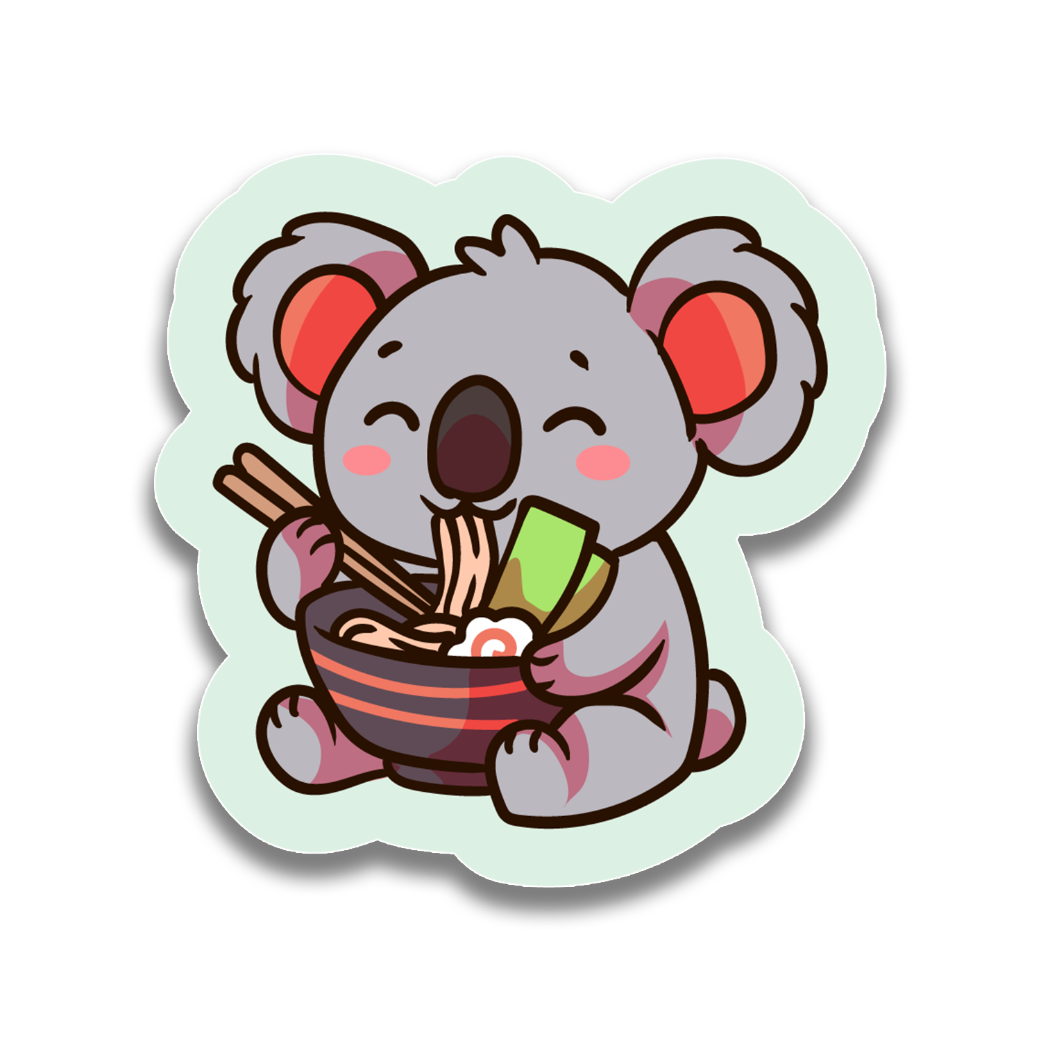 Sticker of a cartoon koala eating ramen with chopsticks on a light green background