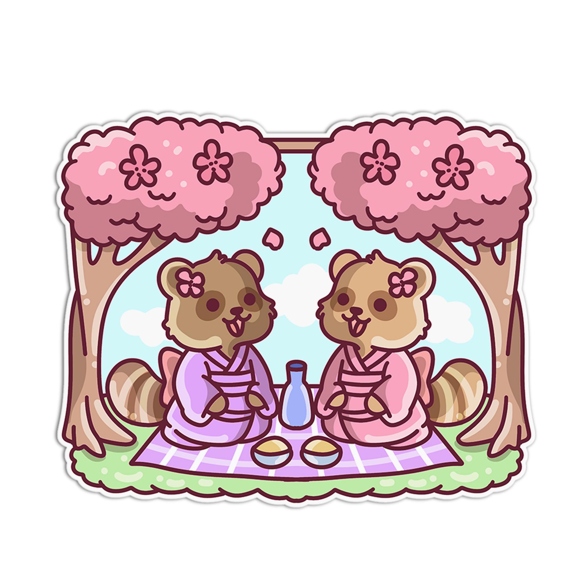 Two cartoon raccoons in pink robes sitting under cherry blossom trees on a white background.